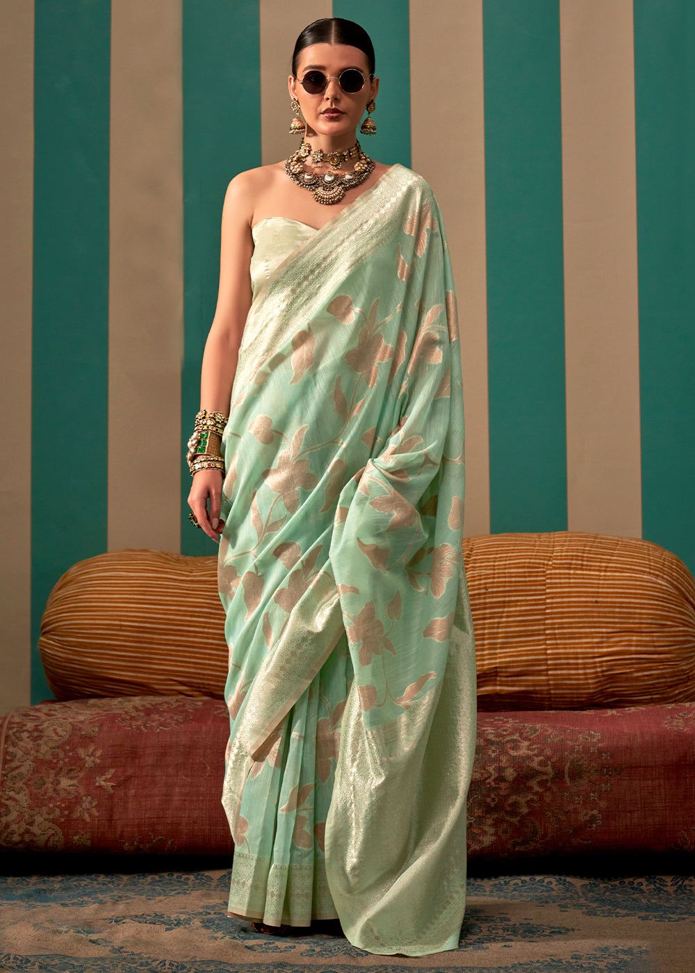 Light Green Floral Zari Woven Linen Silk Saree