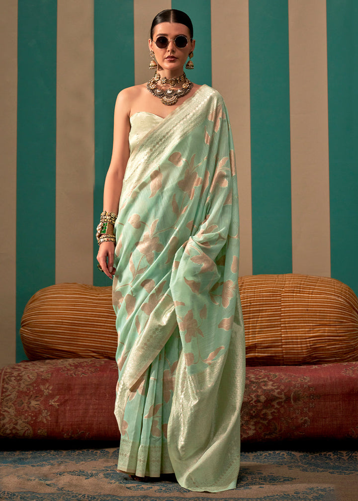 Light Green Floral Zari Woven Linen Silk Saree