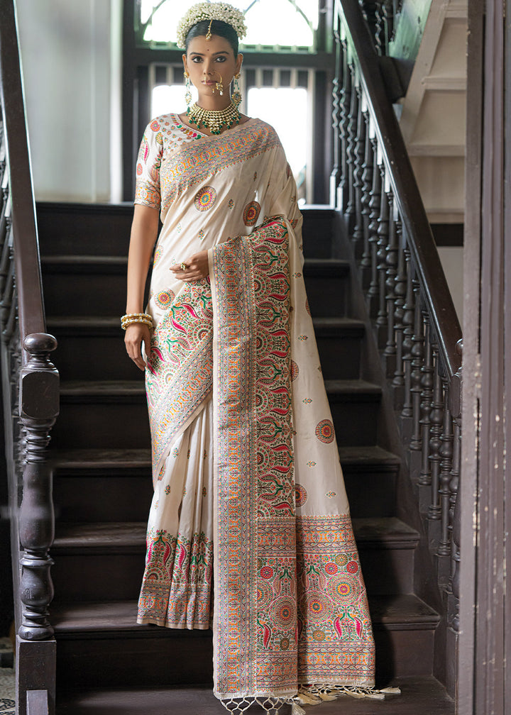 Pearl White Kashmiri Handloom Woven Silk Saree