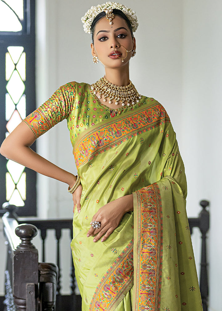 Avocado Green Kashmiri Handloom Woven Silk Saree