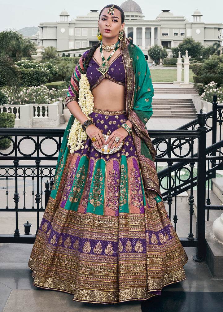 Shades Of Purple & Green Floral Printed Banarasi Silk lehenga Choli Having Embellishment work