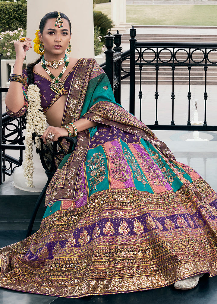 Shades Of Purple & Green Floral Printed Banarasi Silk lehenga Choli Having Embellishment work