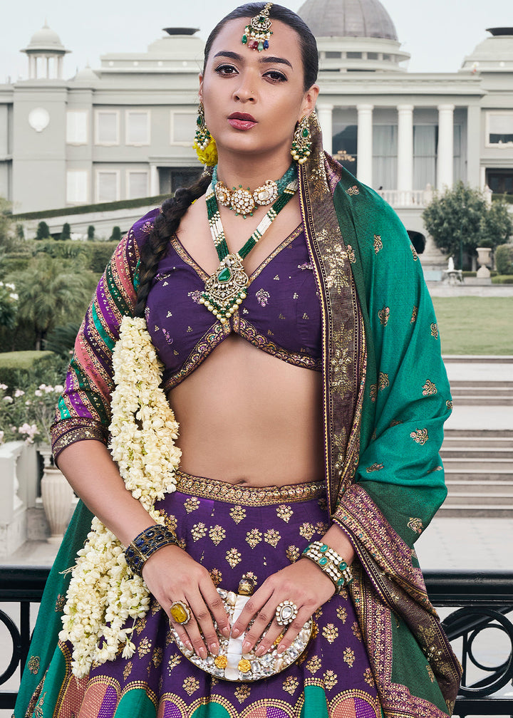 Shades Of Purple & Green Floral Printed Banarasi Silk lehenga Choli Having Embellishment work