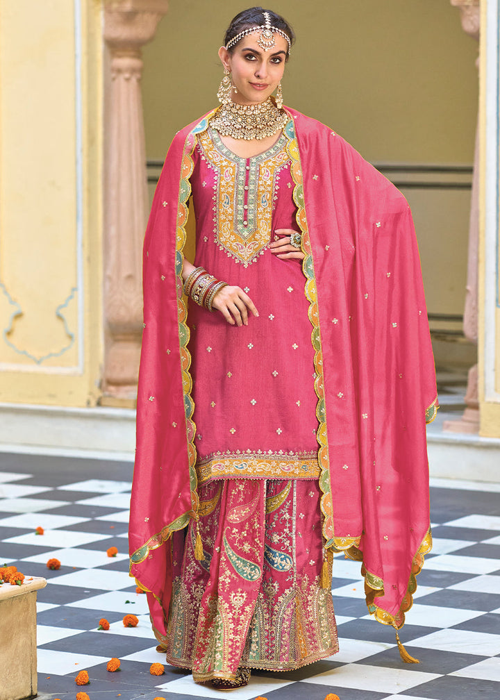 Hot Pink Chinnon Silk Plazzo Suit with Heavy Embroidery work