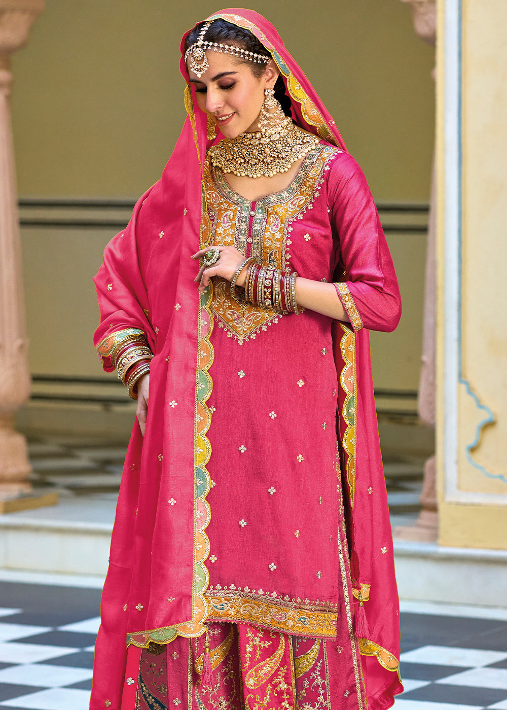 Hot Pink Chinnon Silk Plazzo Suit with Heavy Embroidery work