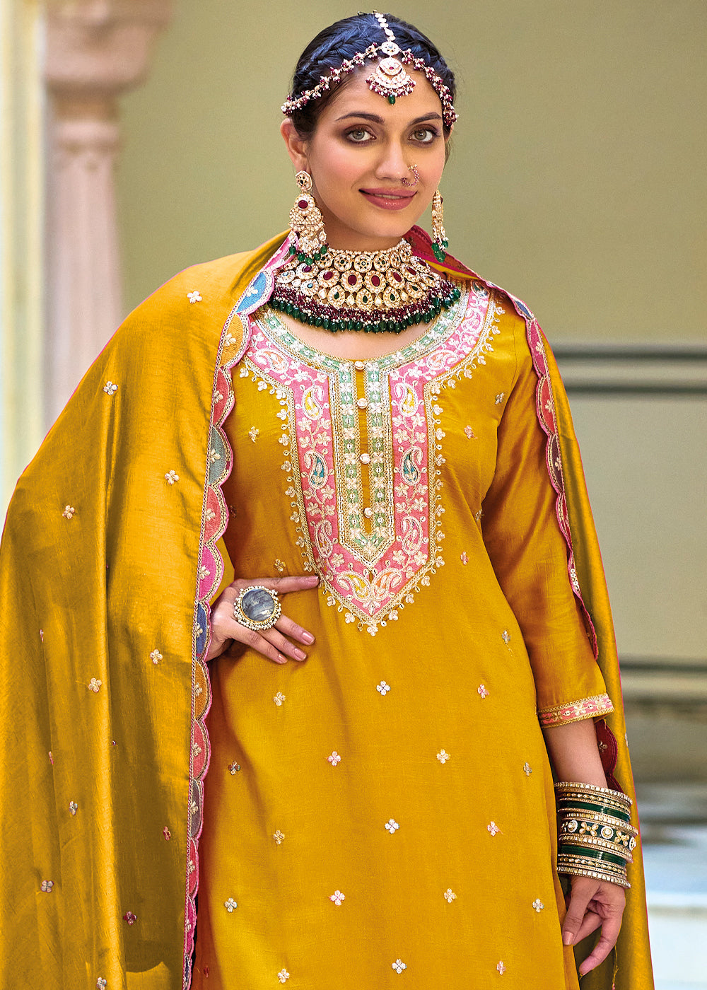 Mustard Yellow Chinnon Silk Plazzo Suit with Heavy Embroidery work