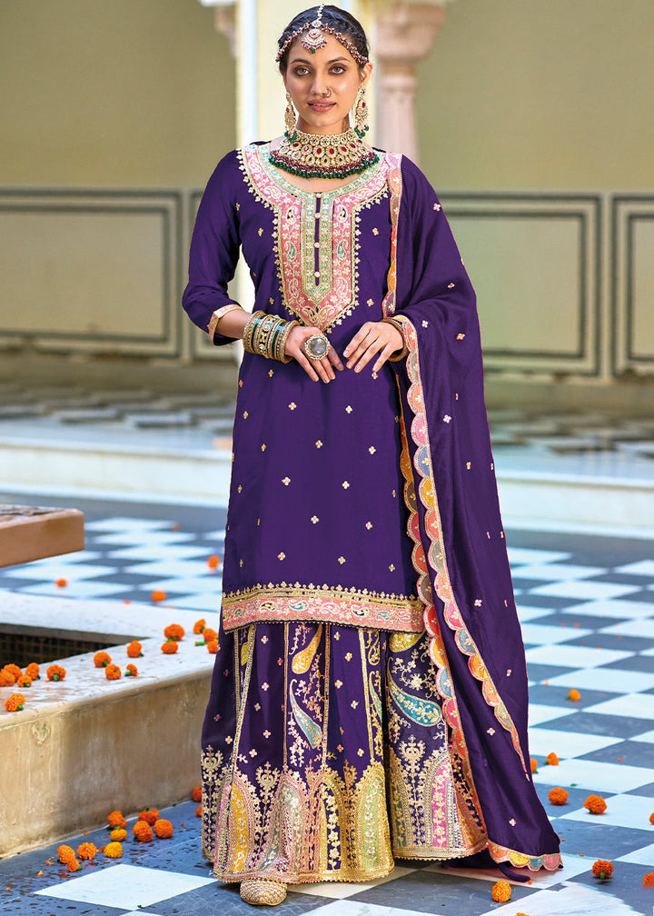 Indigo Purple Chinnon Silk Plazzo Suit with Heavy Embroidery work