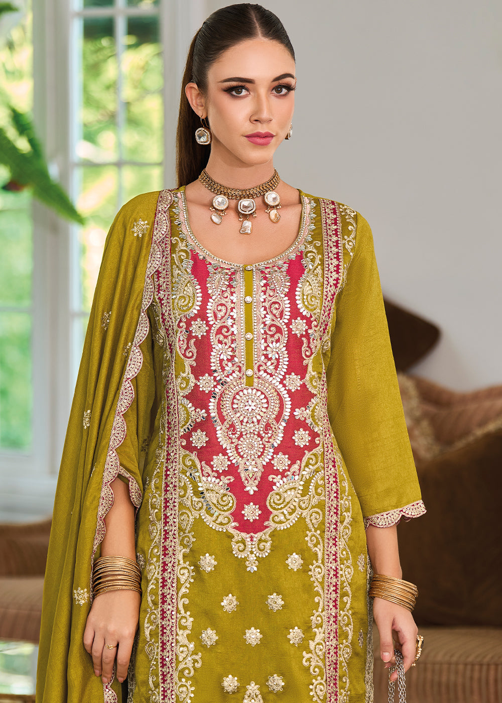 Olive Green Silk Plazzo Suit with Intricate Embroidery work