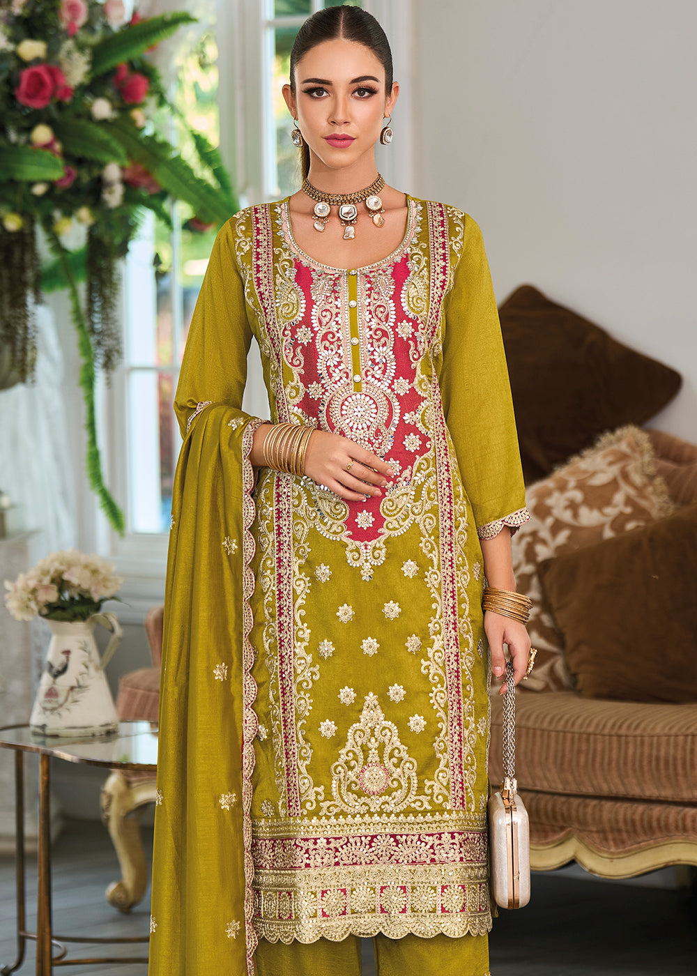 Olive Green Silk Plazzo Suit with Intricate Embroidery work