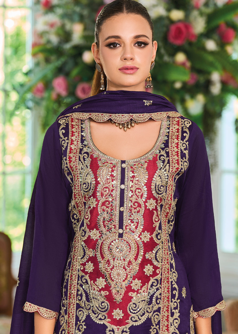 Indigo Purple Silk Plazzo Suit with Intricate Embroidery work