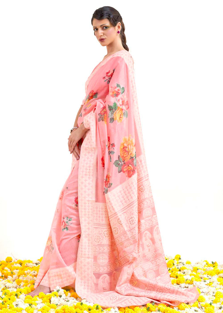 Flamingo Pink Chikankari Silk Saree with Floral Digital Print