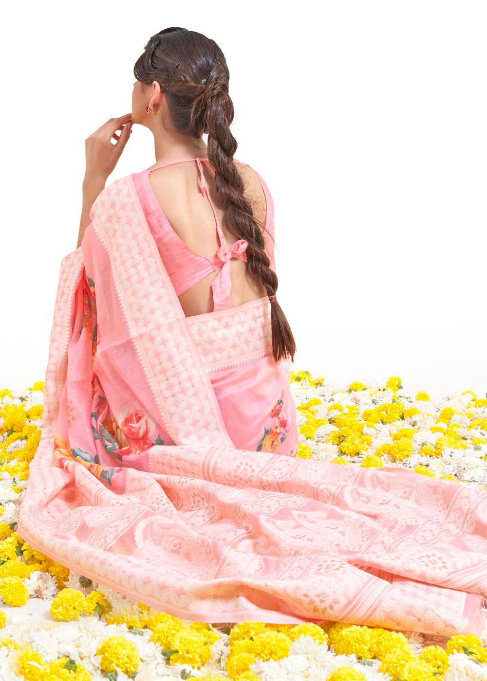 Flamingo Pink Chikankari Silk Saree with Floral Digital Print