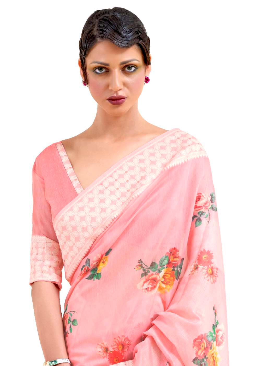 Flamingo Pink Chikankari Silk Saree with Floral Digital Print