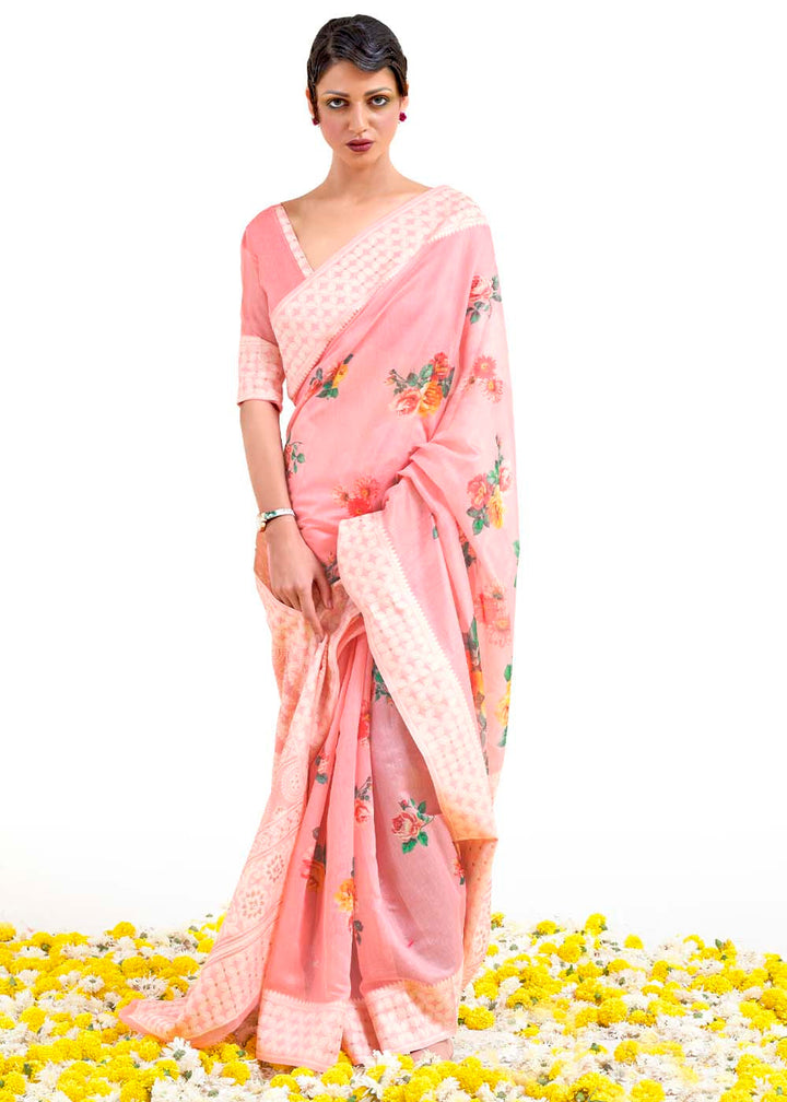 Flamingo Pink Chikankari Silk Saree with Floral Digital Print