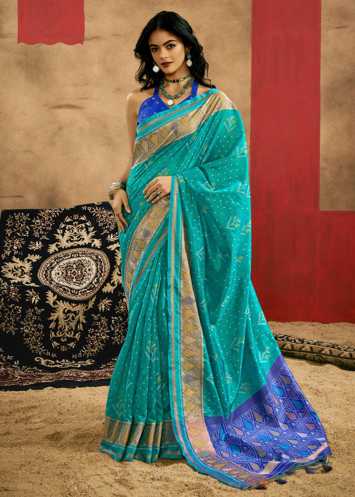 Aqua Green Patola Handloom Weaving Silk Saree