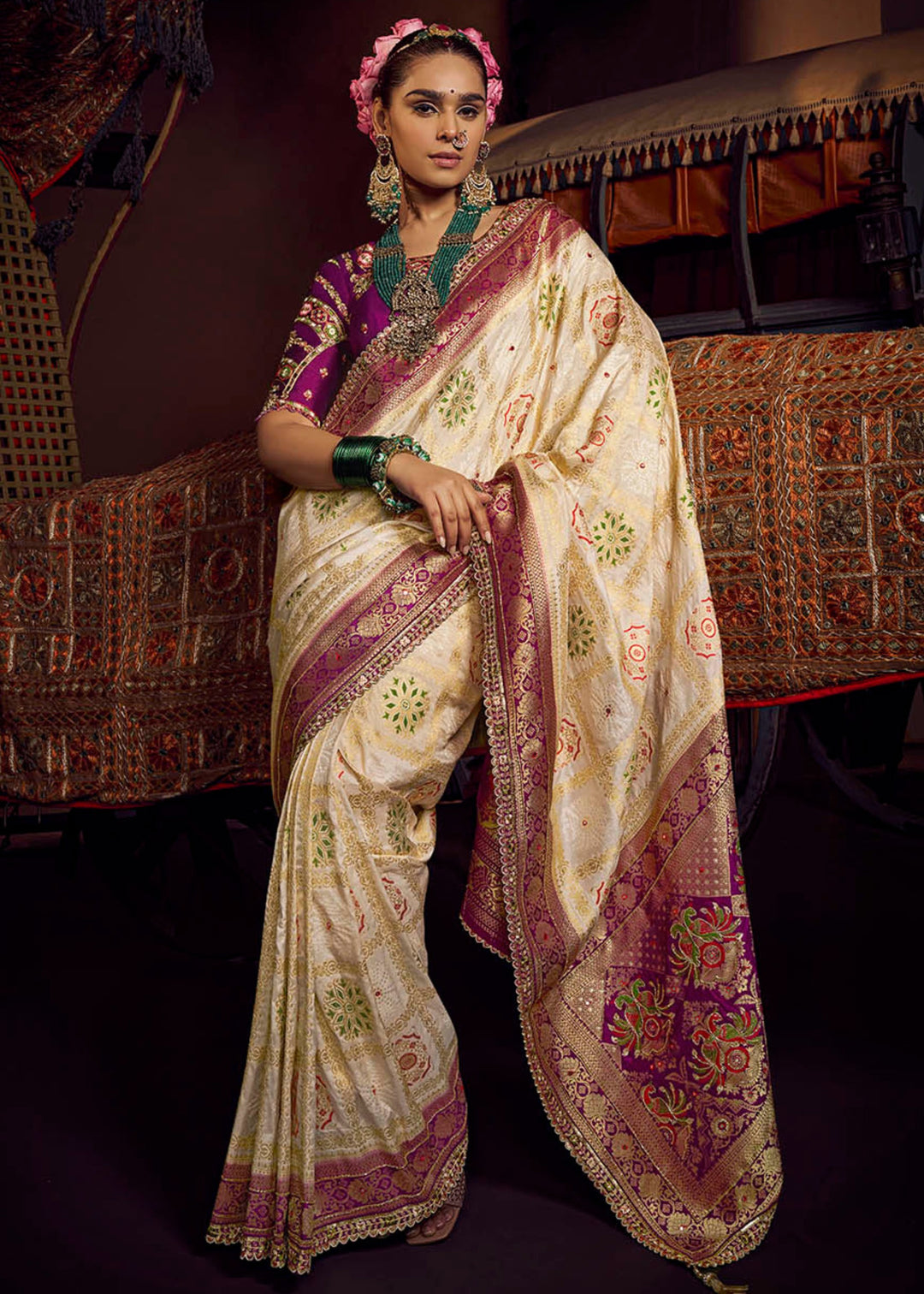 Off White Pure Viscose Dola Silk Saree With Handwork On Blouse And Pallu