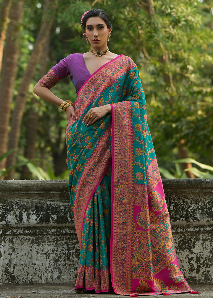 Pine Green Thread Woven Pashmina Silk Saree With Heavy Thread Woven Pallu