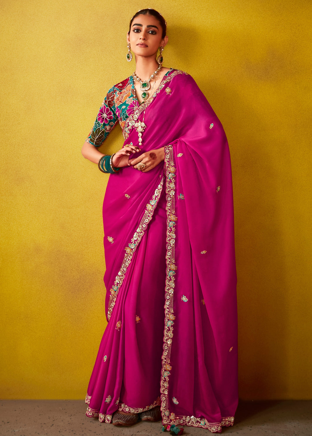 Barbie Pink Glass Tissue Silk Saree With Sequins And Thread Embroidered Work