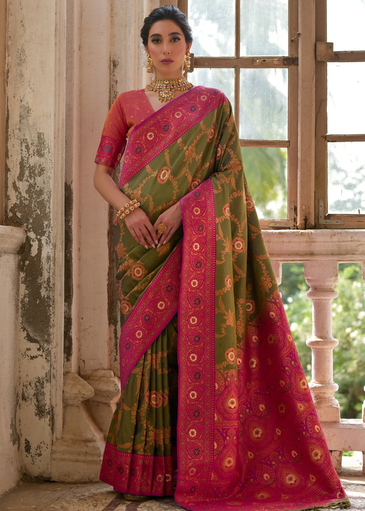 Mehendi Green All Over Flower Printed Zari Woven Banarasi Silk Saree With Contrast Pallu