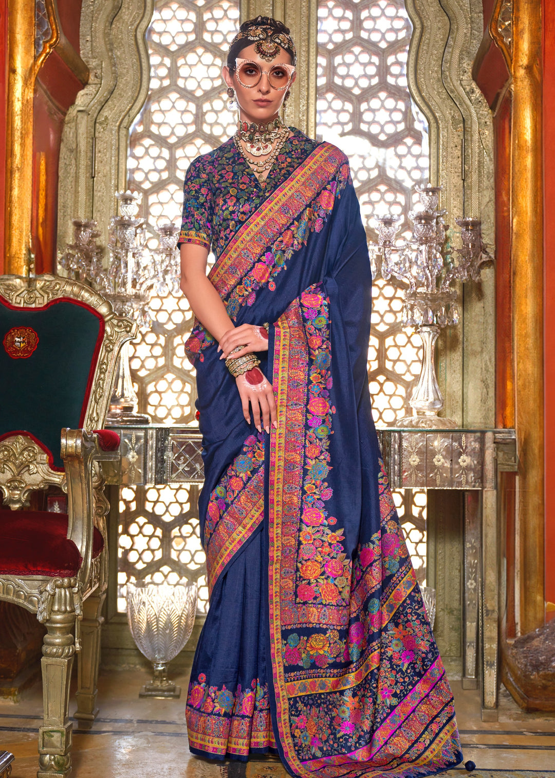 Astros Navy Blue Silk Saree With Luxury Print And Glory Finish