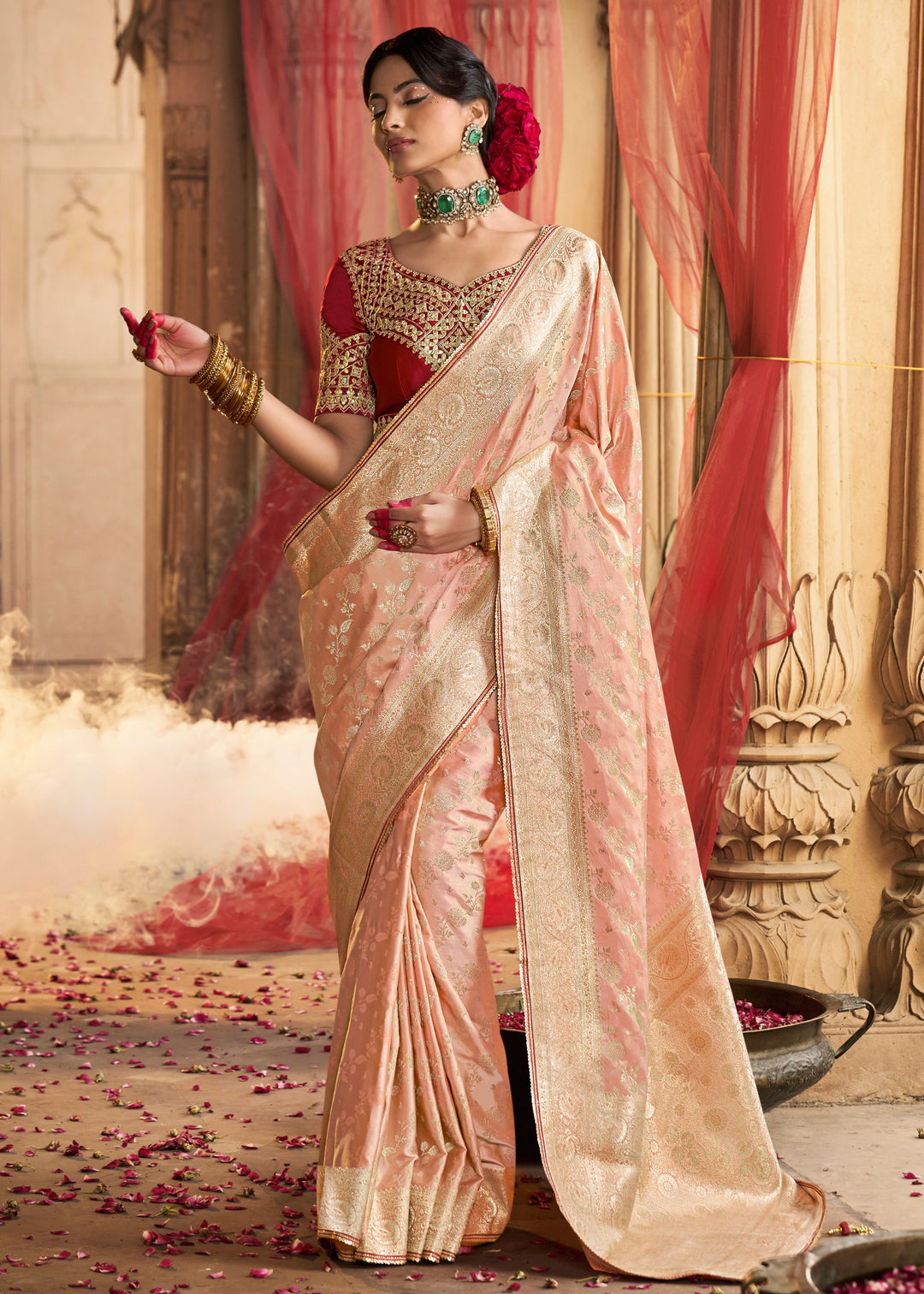 Peach Satin Silk Saree With Beautiful Lace Border And Heavy Designer Embroidered Blouse