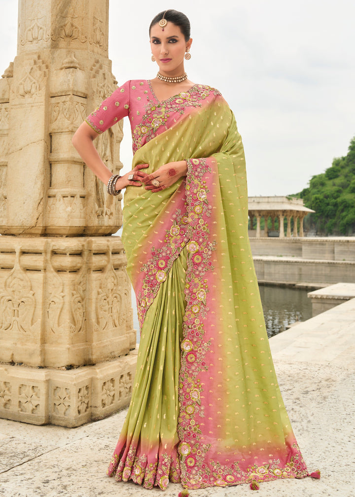 Volt Green Viscose Tissue Silk Saree With Embroidery Cut Work Border And Sequence Work