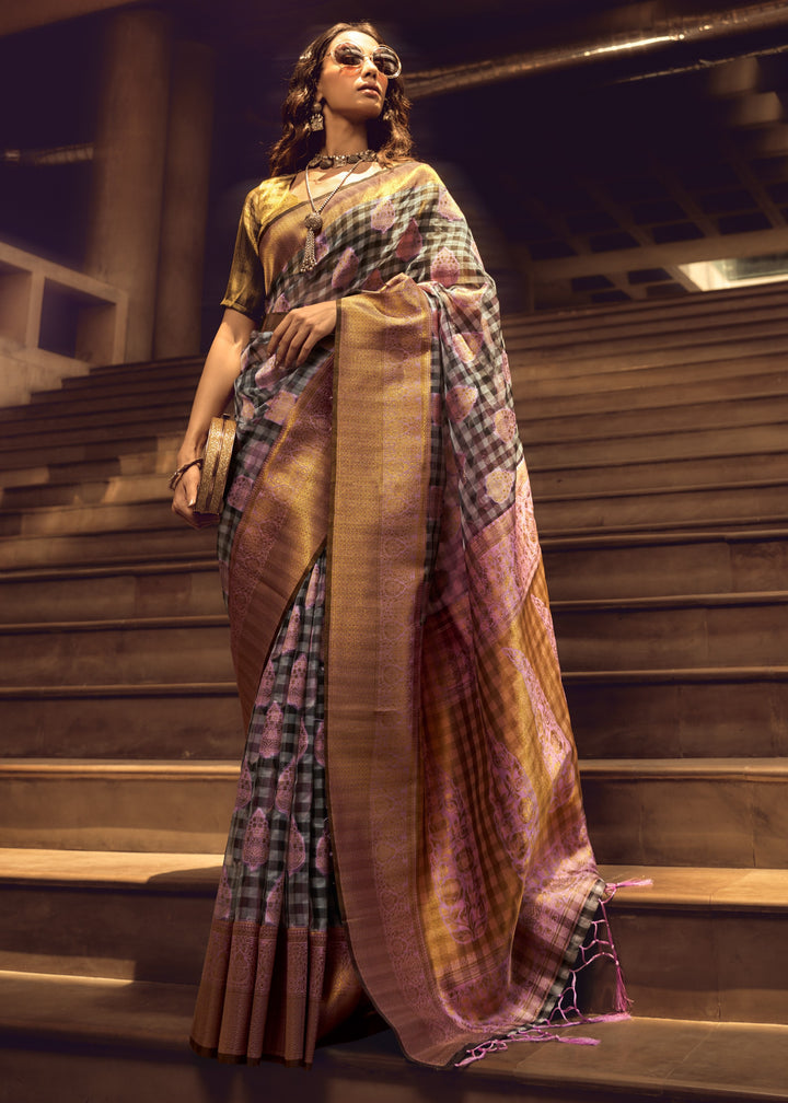 Purple Check Handloom Weaving Silk Saree