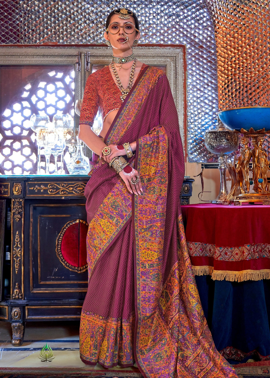 Wine Red Silk Saree With Beautiful Print