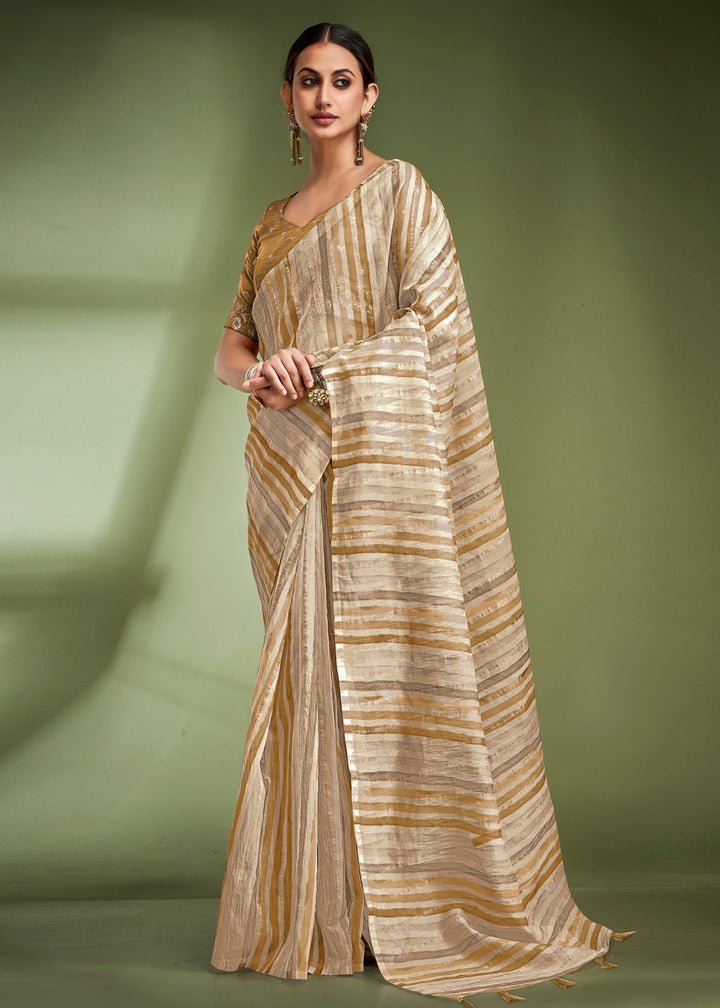 Golden Brown Tissue Based Fancy Silk Saree With Designer Blouse