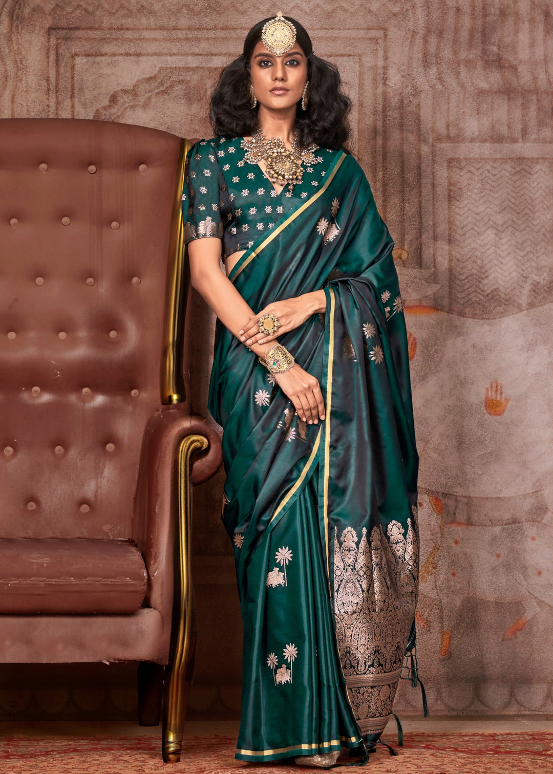 Green Pure Satin Handloom Weaving Silk Saree