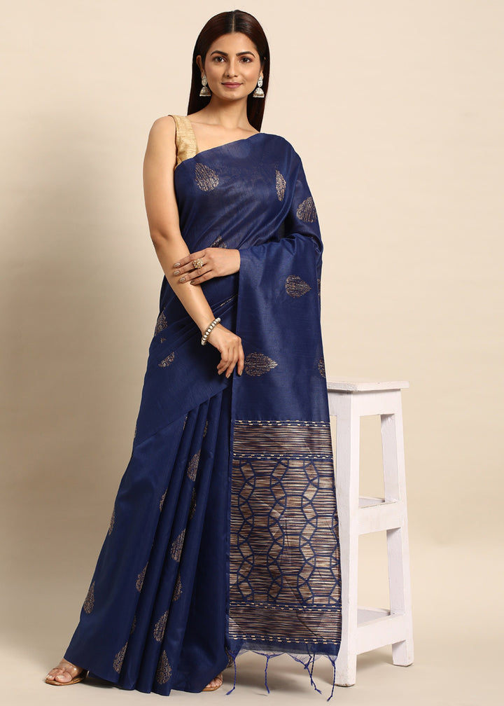 Denim Blue Woven Handloom Raw Silk Saree