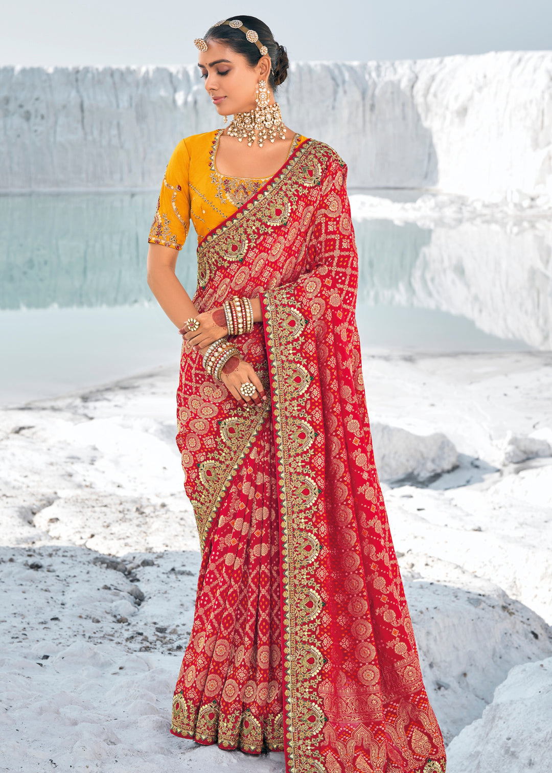 Hot Red Pure Georgette Bandhani Patola With Zari Weaving Heavy Work Saree