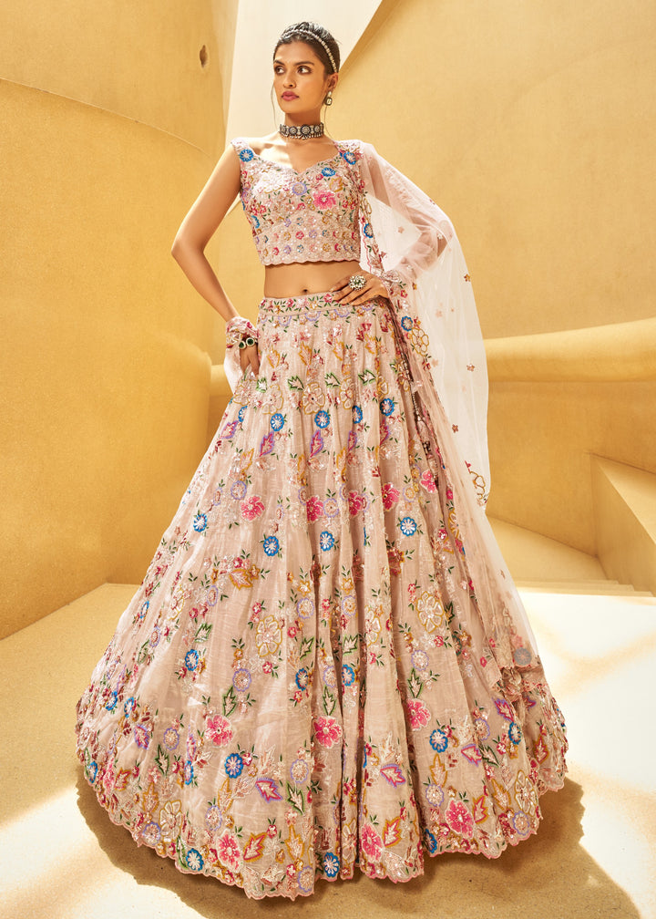 Rose Gold Organza Fabric Sequins Work Lehenga