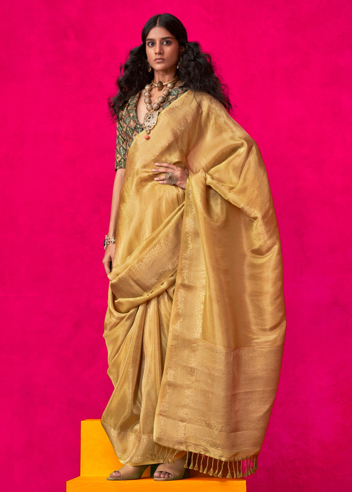 Golden Yellow Zari Tissue Silk Saree With Weaving Border