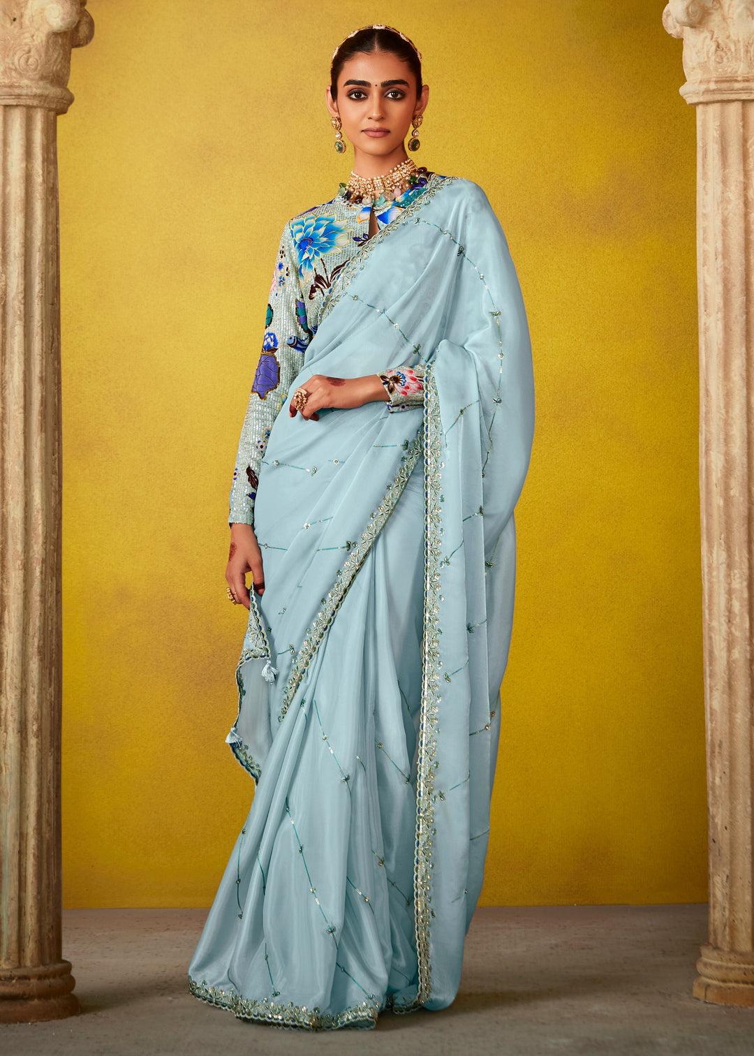 Arctic Blue Glass Tissue Silk Saree With Sequins And Thread Embroidered Work