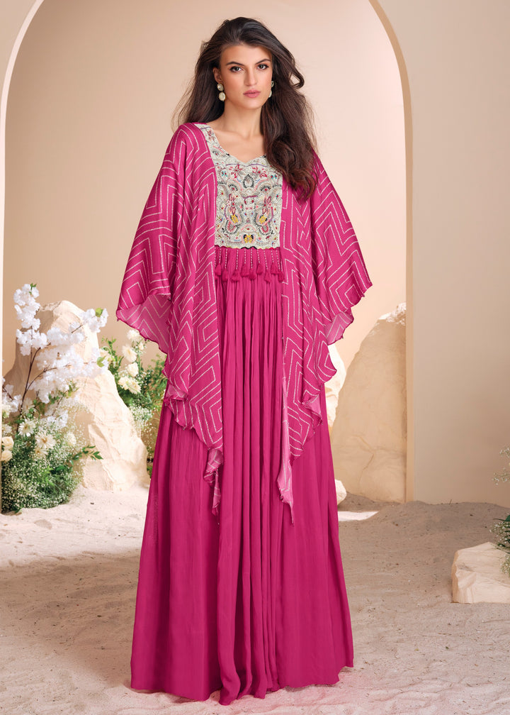 Bright Pink Moti Embroidered Chinon Silk Gown With Digital Sleeves