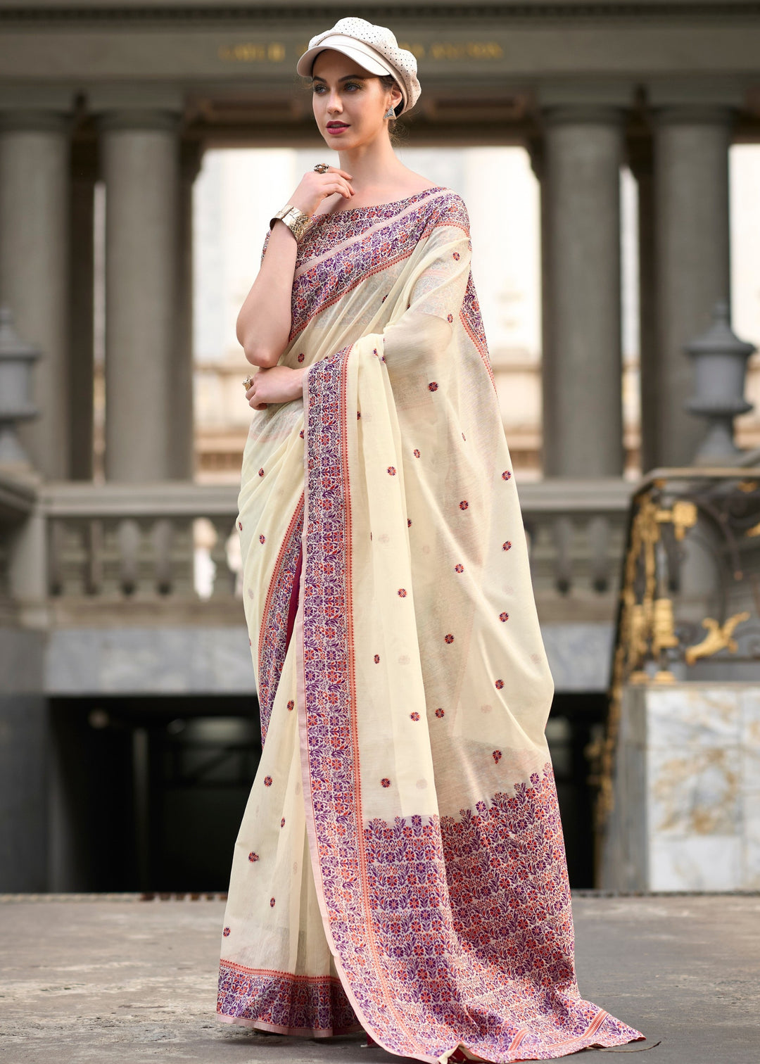 Off White Soft Linen Cotton Silk Saree