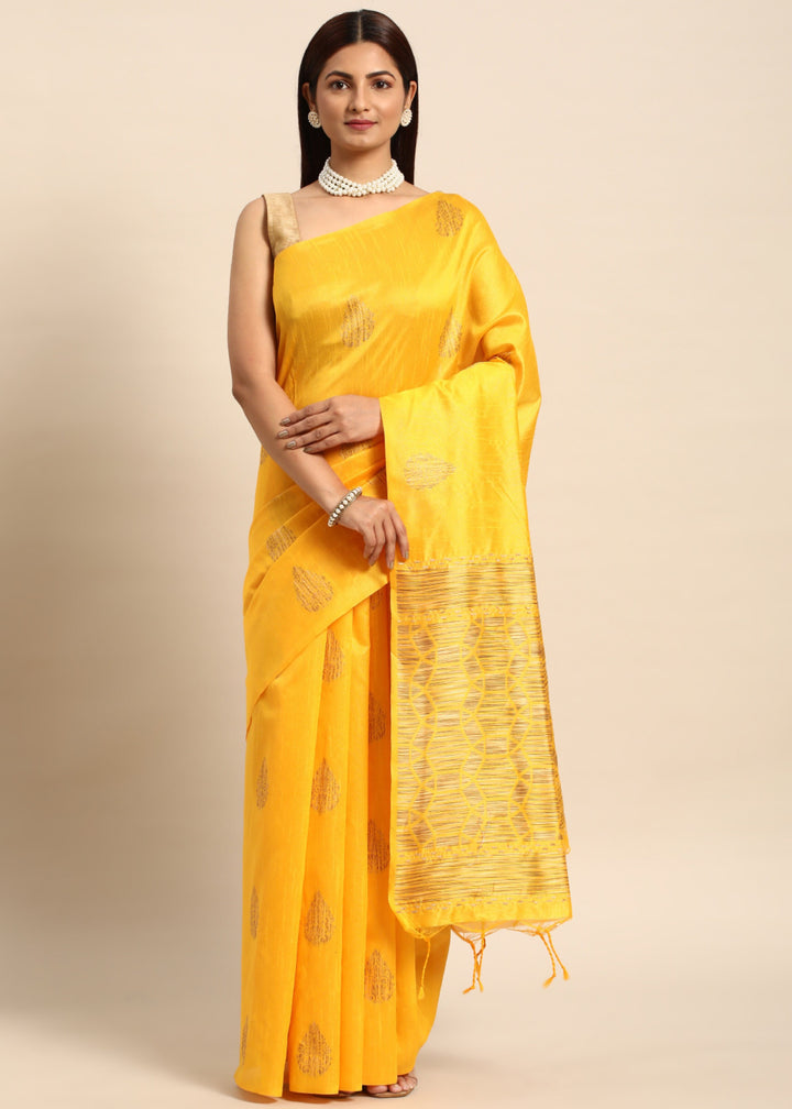 Golden Yellow Denim Blue Woven Handloom Raw Silk Saree