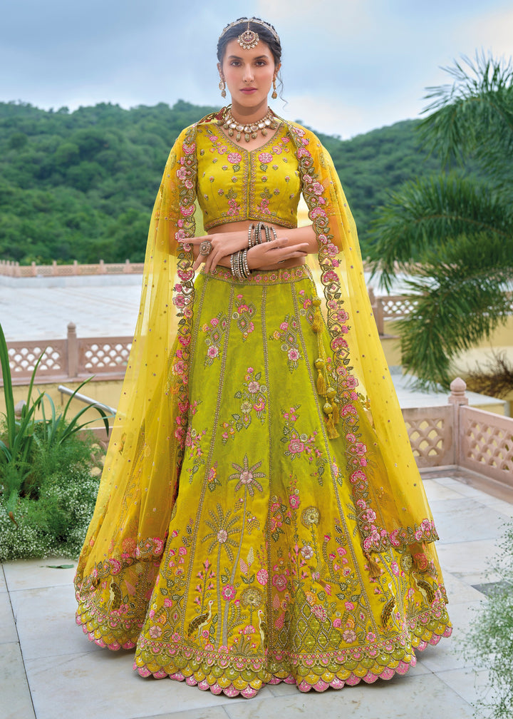 Cadmium Yellow and Green Viscose Tissue Lehenga Choli with Embroidery Work