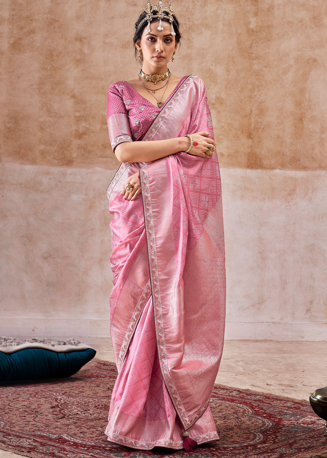 Blush Pink Satin Silk Saree With Heavy Embroidery Lace & Blouse