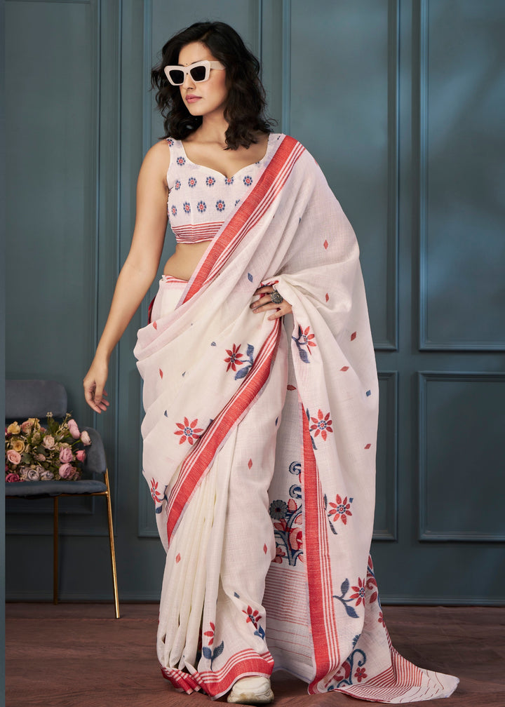 Pearl White Handloom Linen Silk Saree with Beautiful Weaving