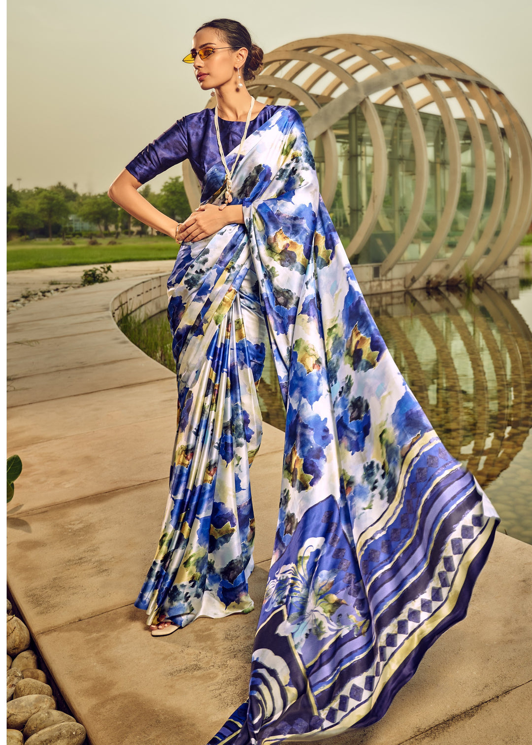 Blue Satin Digital Printed Saree