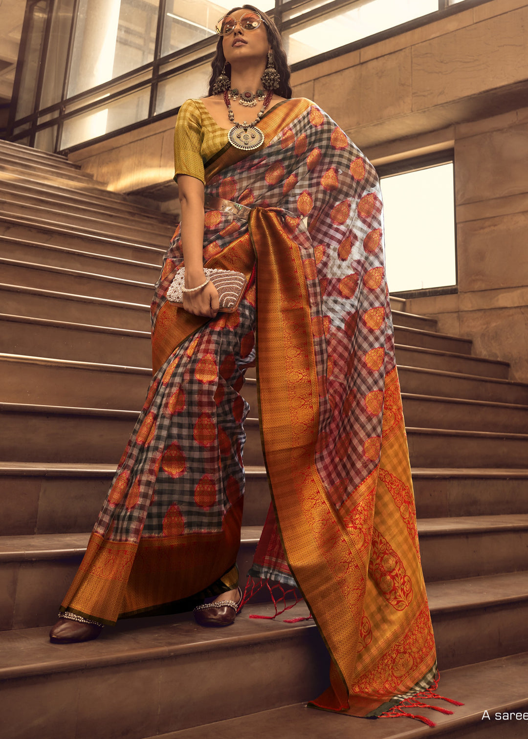 Orange Check Handloom Weaving Silk Saree