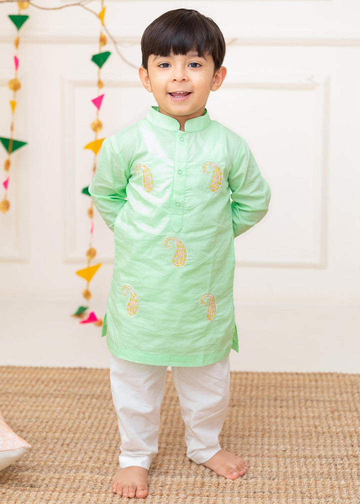 Organic Cotton Embroidered Green Kurta paired with Pajama Pants - Paisley