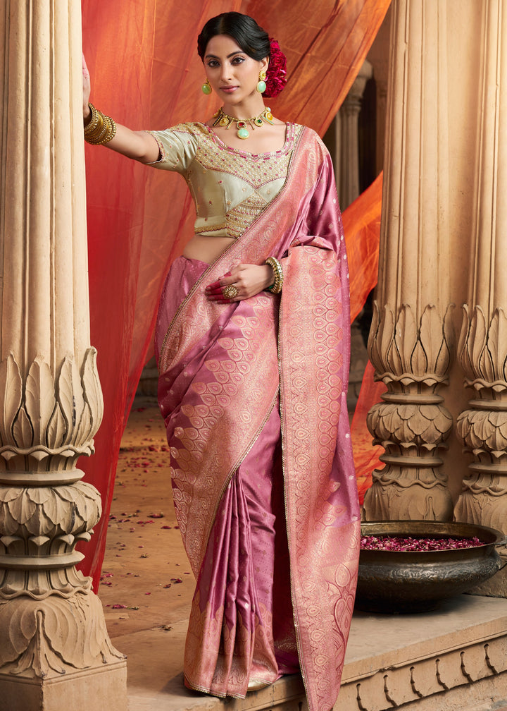 Fuchsia Pink Satin Silk Saree With Beautiful Lace Border And Heavy Designer Embroidered Blouse