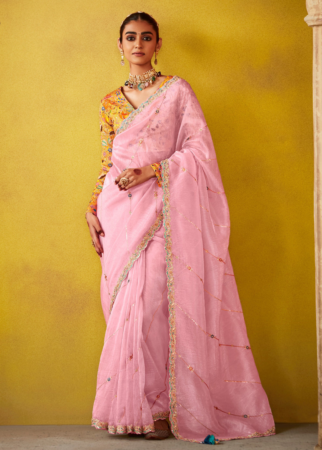 Soft Pink Glass Tissue Silk Saree With Sequins And Thread Embroidered Work