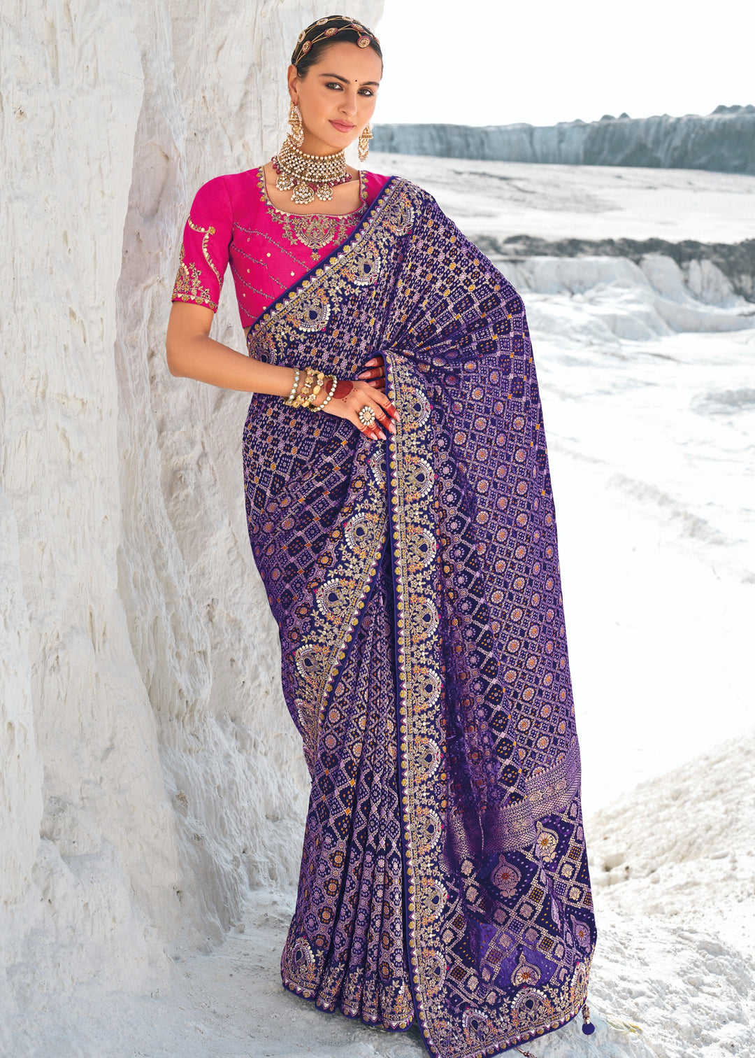 Berry Blue Pure Georgette Bandhani Patola With Zari Weaving Heavy Work Saree