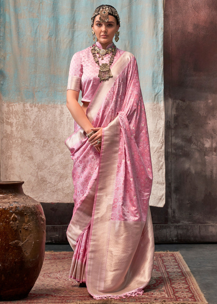 Rose Pink Pure Satin Handloom Weaving Silk Sarees