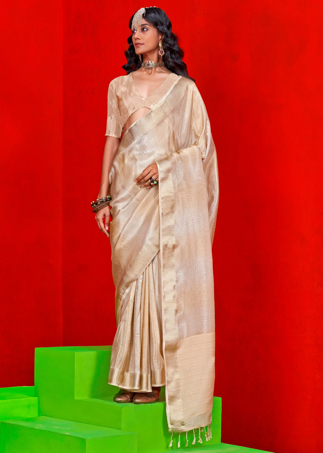 Off-White Pure Viscose Zari Tissue Saree