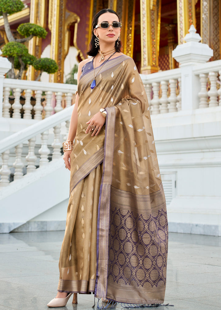 Sand Brown & Blue Tissue Silk Saree With Zari Weaving And Contrast Blouse